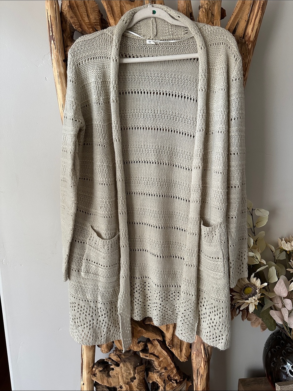 En Creme Light Beige Open-Front Knit Cardigan with Pockets